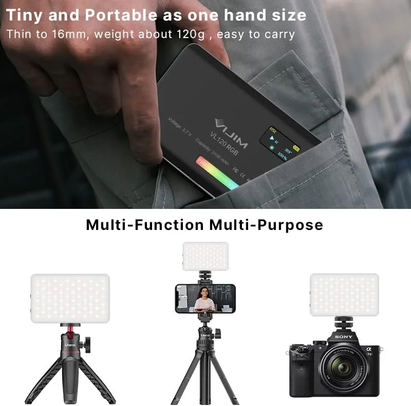 نور ویدئویی LED مدل ULANZIs VL120 RGB با قابلیت تنظیم دمای رنگ 2500K-9000K و باتری قابل شارژ 3100mAh، مناسب برای استودیو، ولاگ و نورپردازی