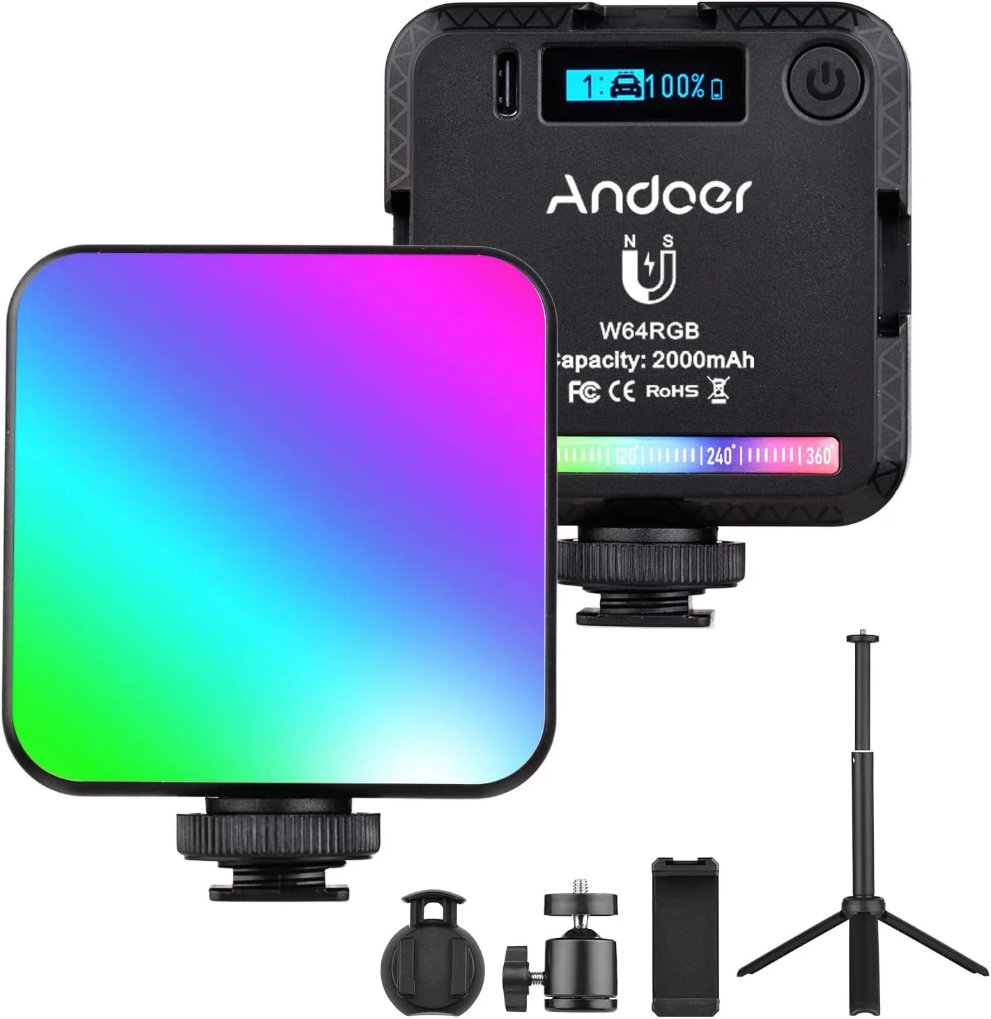 کیت نور ویدئویی LED جیبی RGB آلیسا W64RGB، نورپردازی کنفرانس ویدئویی CRI95+ 2500K-9000K با قابلیت تنظیم نور، 20 جلوه نورپردازی، پشت مغناطیسی با سه پایه رومیزی + هد توپی انعطاف پذیر + نگهدارنده تلفن