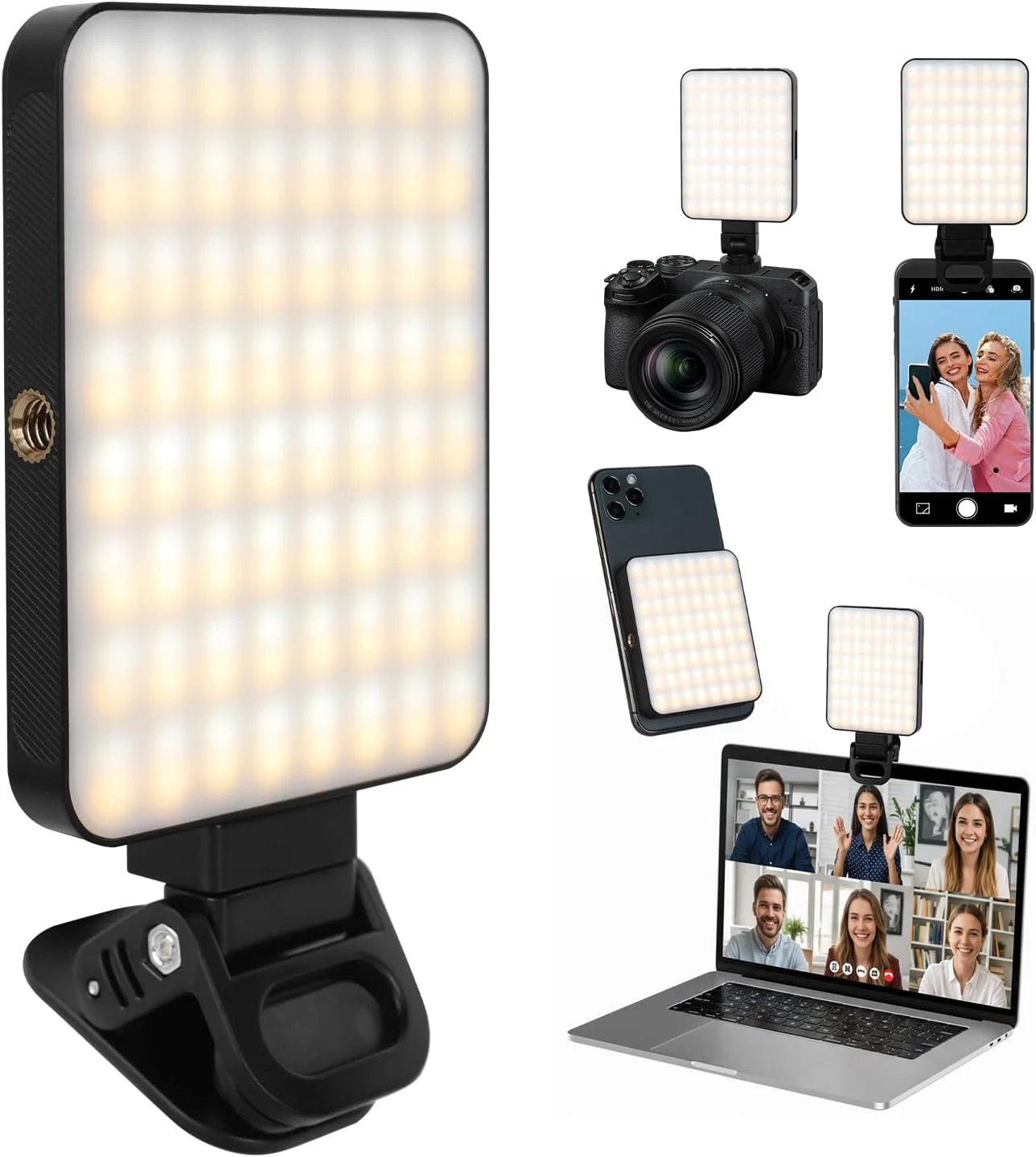 نور سلفی AiQInu با گیره نگهدارنده تلفن، 128 LED نور ویدئویی، 3000K-6500K، 3 حالت نور و روشنایی، CRI95 با قابلیت تنظیم 10 سطح، باتری 2000 میلی آمپر ساعتی برای تلفن، آیپد، لپ تاپ، دوربین