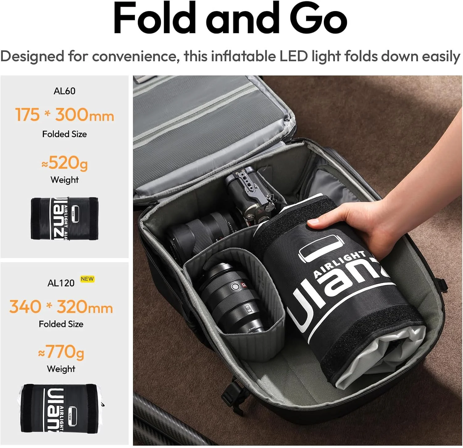 نور تیوب بادی قابل حمل 120 وات Ulanz i AL120 | چراغ ویدئویی LED مسافرتی سبک وزن بادی ضد آب دستی | 2700-6500K قابل شارژ Type-C + ریموت | برای عکاسی، فیلمبرداری، کمپینگ