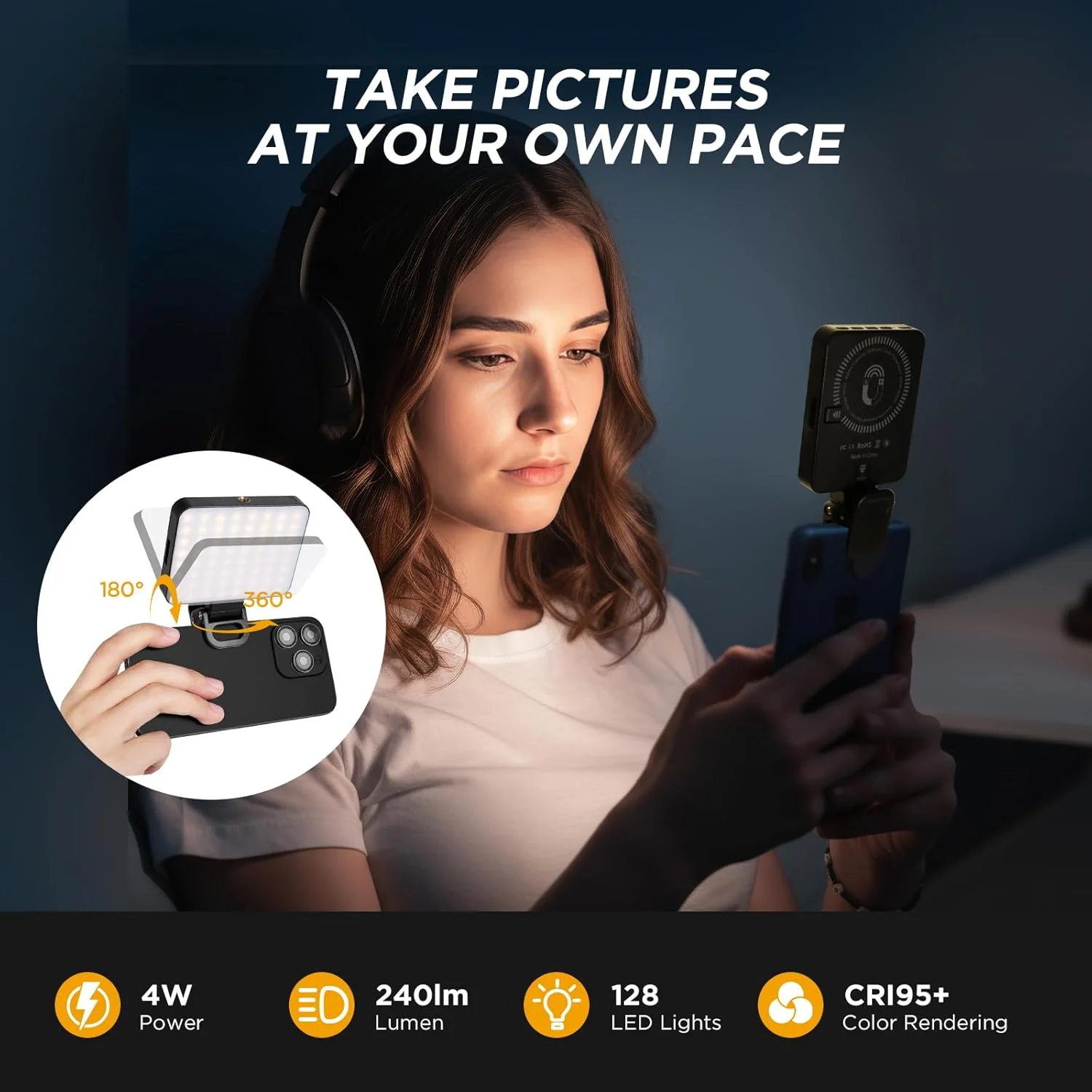 نور سلفی AiQInu با گیره نگهدارنده تلفن، 128 LED نور ویدئویی، 3000K-6500K، 3 حالت نور و روشنایی، CRI95 با قابلیت تنظیم 10 سطح، باتری 2000 میلی آمپر ساعتی برای تلفن، آیپد، لپ تاپ، دوربین