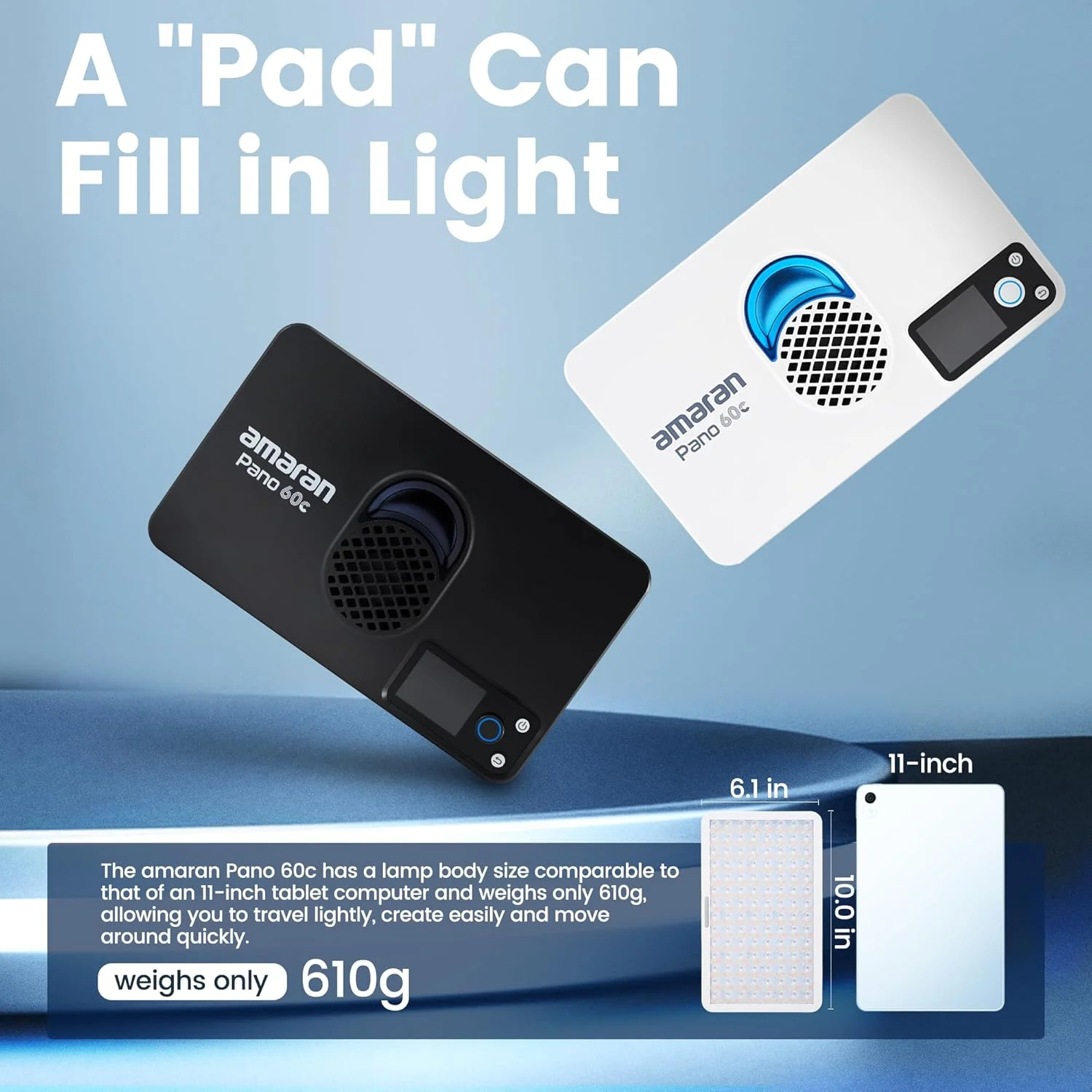 کیت پنل ال ای دی ویدئویی Amaran Pano 60c، نور رنگی کامل RGBWW 60 واتی، CCT 2300K-10000K، دارای 12 جلوه نوری، کنترل از طریق اپلیکیشن، پشتیبانی از USB-C PD، به همراه سافت باکس و کیف حمل (ذغالی)