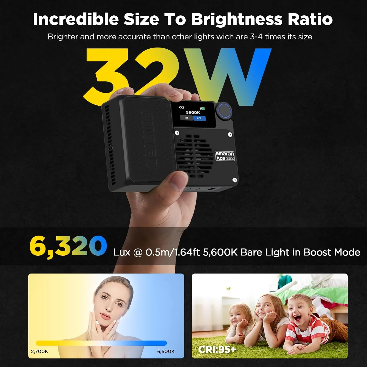 نور LED دو رنگ جیبی Amaran Ace 25x: حالت تقویت تا 32 وات، نور ویدیویی مینی دو رنگ (2700-6500K)، 1636 لوکس در 1 متر، باتری 4500 میلی آمپر ساعتی با شارژ سریع PD برای سازندگان موبایل (ذغالی)