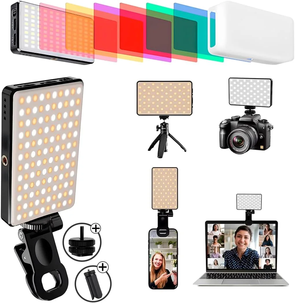 نور سلفی 120 LED با باتری 3000mAh و 6 کارت رنگی، قابل شارژ USB برای عکس و فیلم، نور LED قابل حمل با گیره جلو و عقب برای تلفن های همراه اپل آیفون، تبلت ها، آیپد، لپ تاپ، آرایش، تیک تاک و استریم