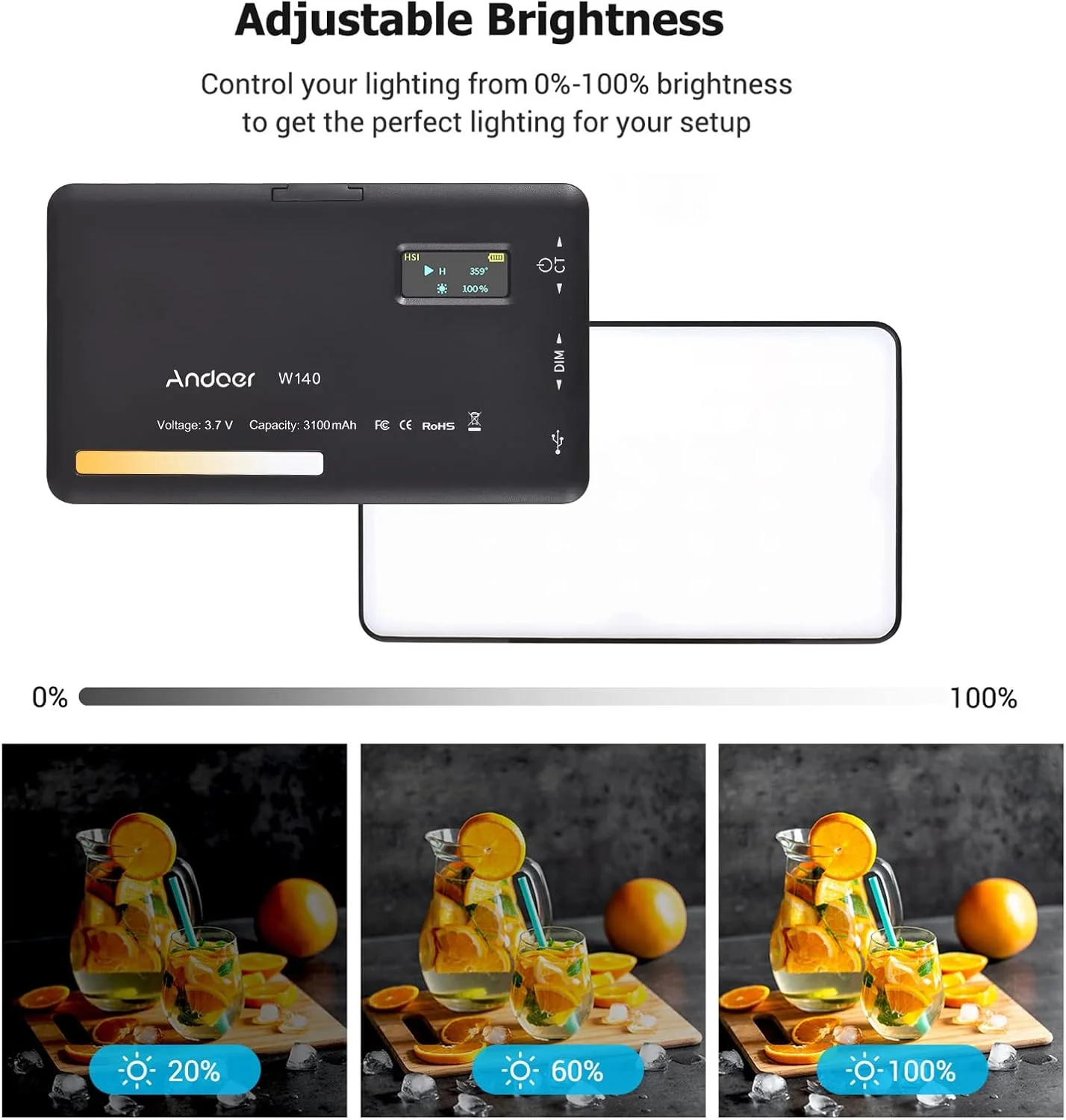 نور ویدئویی Andoer W140، چراغ LED دوربین با قابلیت تنظیم نور 2500K-6500K، چراغ های LED قابل حمل برای کنفرانس ویدئویی، عکاسی، پخش زنده