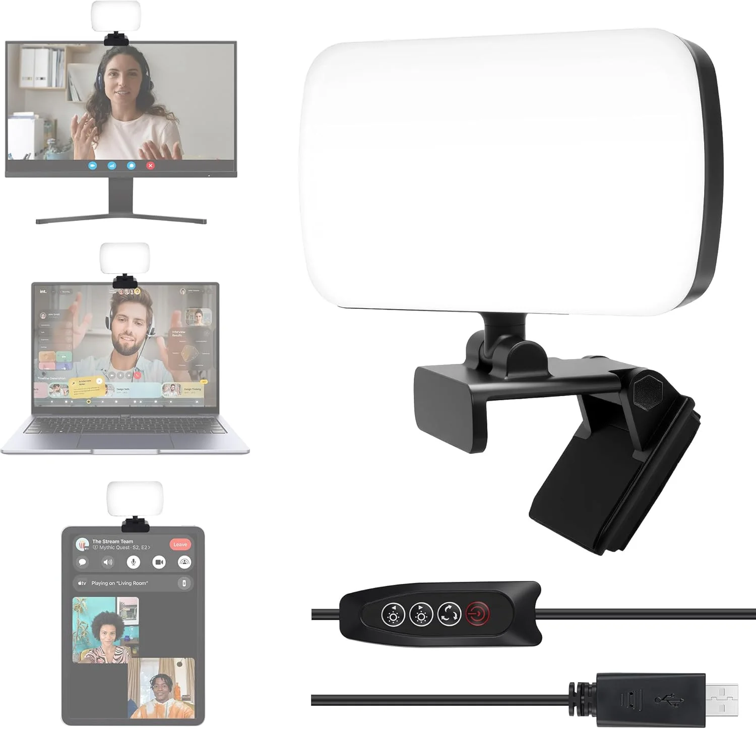 چراغ کنفرانس ویدیویی LED آروتلیخت USB با گیره، 120 LED، 3 رنگ نور، 10 سطح روشنایی، نور چرخشی 360 درجه برای استریمینگ، نور عکس، نور ویدیو برای کامپیوتر، وب کم، لپ تاپ، مانیتور کامپیوتر