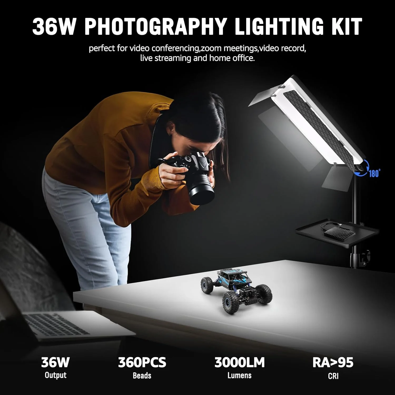 نور ویدیویی دو رنگ 2700K-6500K با سینی و کنترل از راه دور، 36 وات، نور ویدیویی با درهای کرکره ای و نمایشگر، CRI95+، نورپردازی ویدیویی 72 اینچی برای