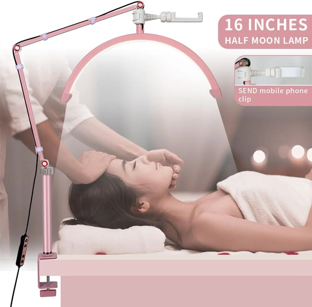 نور ویدئویی LED اندور، نور پرکننده هلالی شکل، 3000K-6000K، دیمر دار با گیره C، پایه نور رومیزی برای سالن زیبایی، آرایش، پخش زنده، چراغ کنار تخت