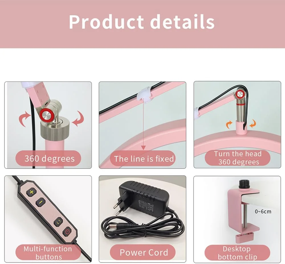 نور ویدئویی LED اندور، نور پرکننده هلالی شکل، 3000K-6000K، دیمر دار با گیره C، پایه نور رومیزی برای سالن زیبایی، آرایش، پخش زنده، چراغ کنار تخت