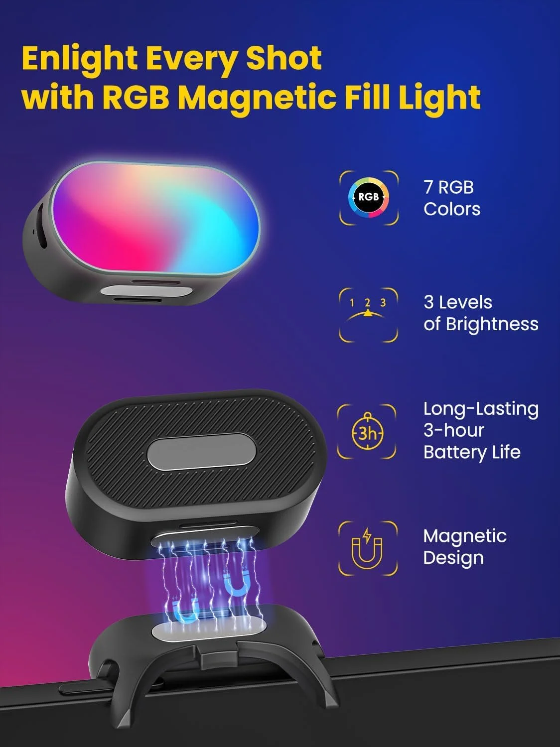 چراغ پرکننده مغناطیسی RGB آزونی برای گیمبال، چراغ ویدئویی LED، ۷ دمای رنگ، ۳ تنظیم روشنایی، ۱۸۰ دقیقه ماندگاری طولانی، حالت گرادیان، حالت فلاش ۱۸۰ چراغ پرکننده برای تثبیت کننده AOCHUAN