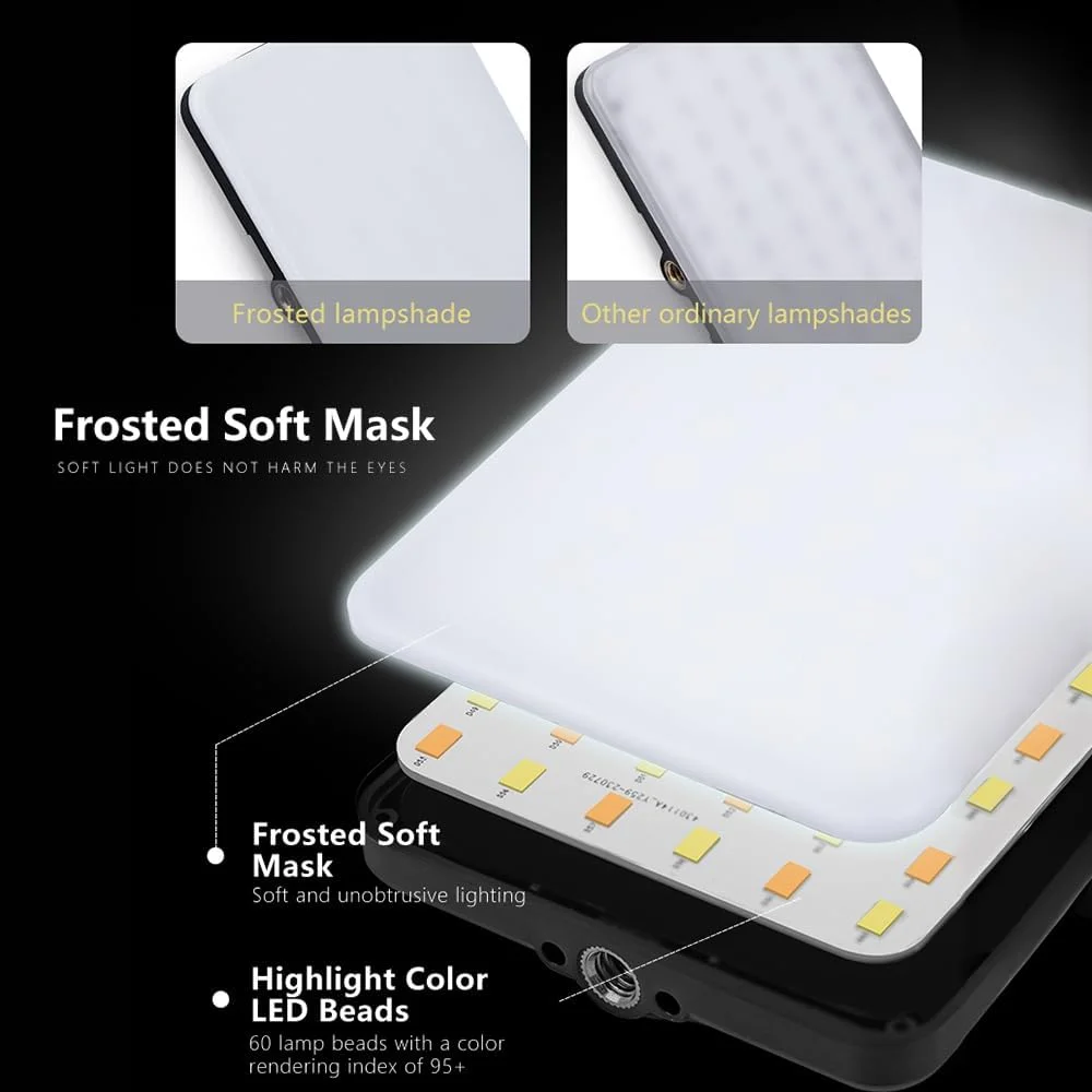 چراغ ال ای دی دو رنگ 5 وات مناسب عکاسی، نور جیبی برای ولاگ، دمای رنگی 2500K-9000K با قابلیت تنظیم نور و صفحه نمایش LCD، دارای 60 مهره ال ای دی، سوراخ های رزوه ای 1/4 اینچی، باتری 2000mAh داخلی برای پخش زنده خانگی