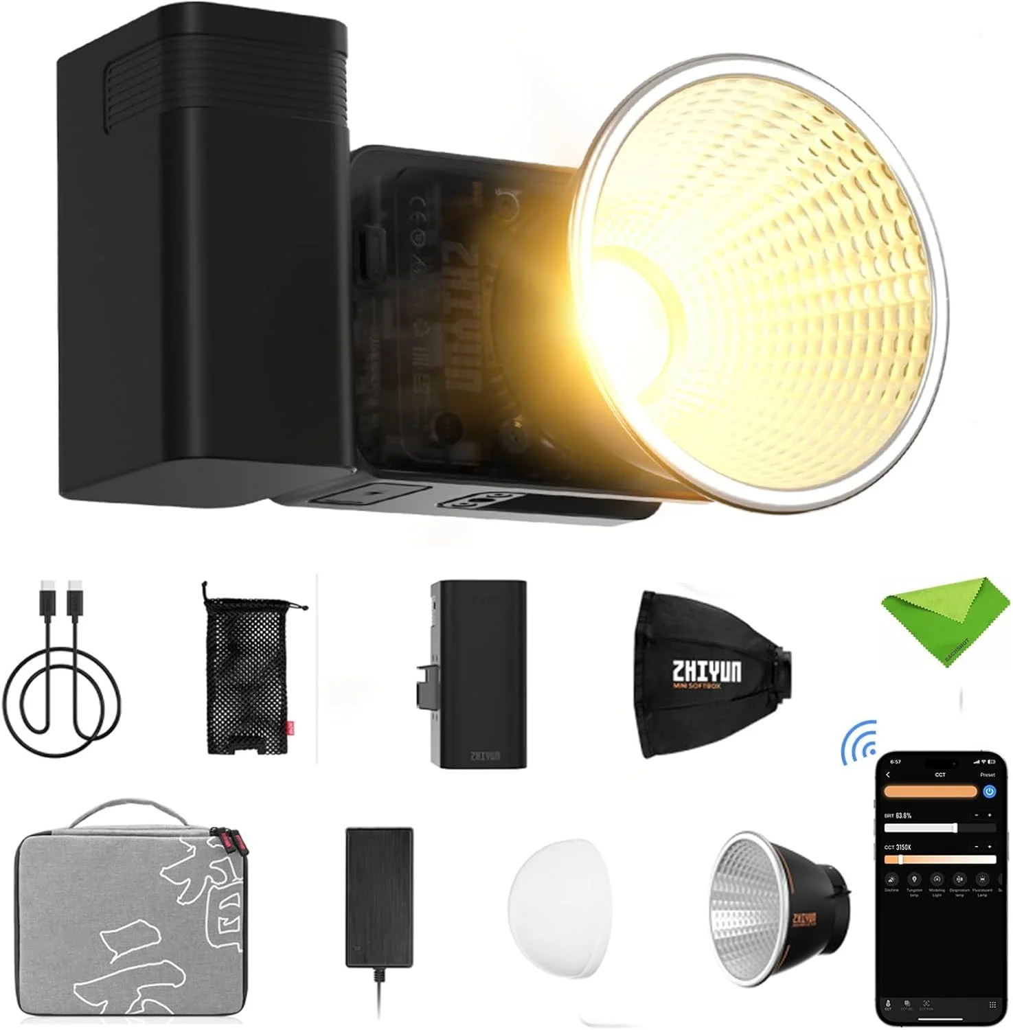 نور ویدئویی ال ای دی 60 وات Zhiyun X60 Pro، دو رنگ CCT 2700-6500K CRI≥95 TLCI≥97، کنترل با اپلیکیشن برای استودیو، یوتیوب، ولاگ، پخش زنده و غیره