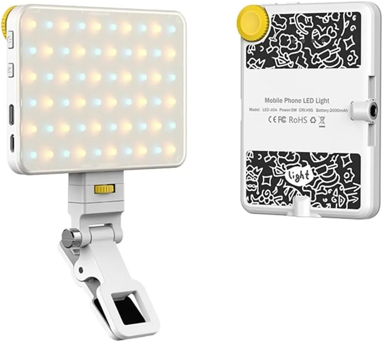 چراغ LED دو رنگ 5 واتی برای عکاسی، دمای رنگ 2500K-9000K با قابلیت تنظیم نور، دارای 60 لامپ LED، دارای سوراخ های رزوه ای 1/4 اینچی، باتری داخلی 2000mAh برای پخش زنده، ولاگ، استودیوی خانگی، نور جیبی