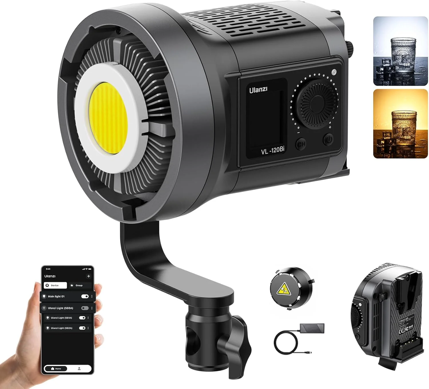 نور ویدئویی ال ای دی دو رنگه 120 واتی Ulanzi i با پایه V | قابل استفاده با باتری های V-Mount و برق DC | 2700-6500K, CRI＞95 | 20700 لوکس 6500K@1m | 0-100% دیمر، تنظیم دقیق 360 درجه اشباع HSI | اپلیکیشن هوشمند