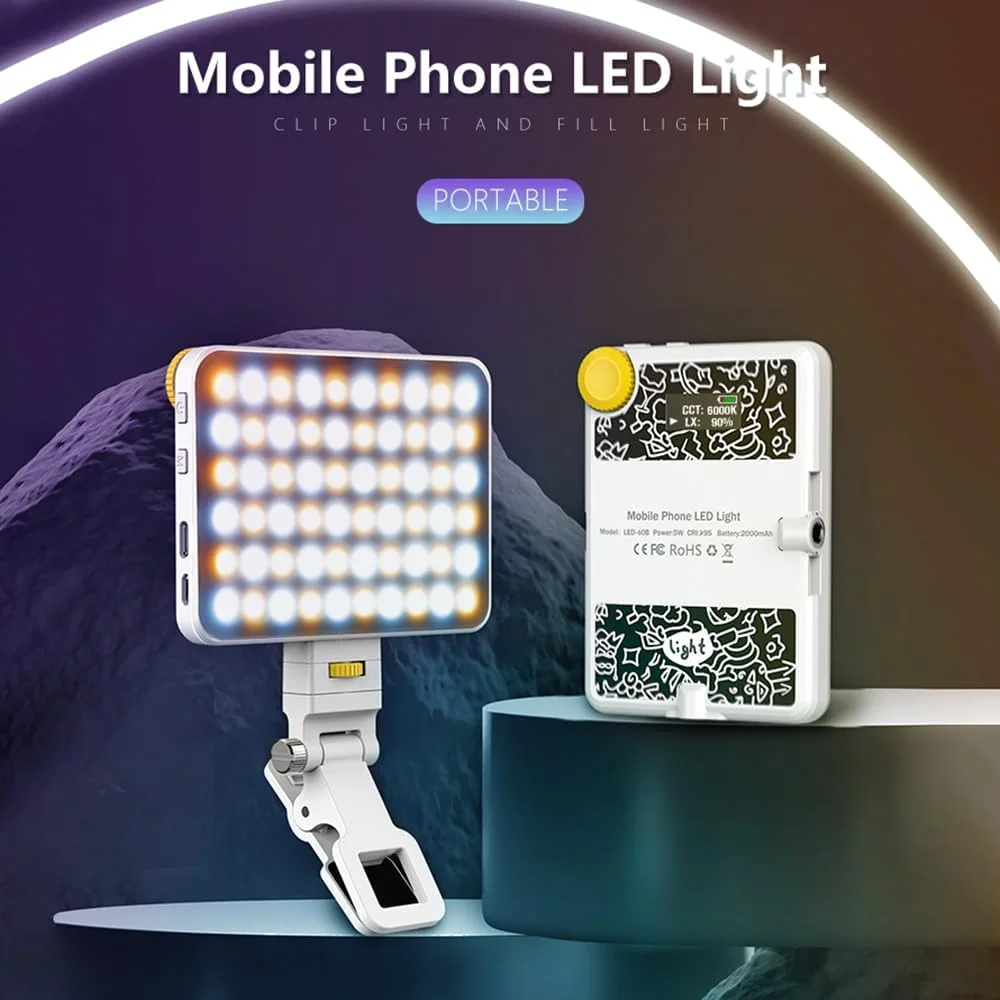 چراغ ال ای دی دو رنگ 5 واتی برای عکاسی، دمای رنگ 2500K-9000K با قابلیت تنظیم نور و صفحه نمایش LCD، دارای 60 لامپ، سوراخ های رزوه ای 1/4 اینچی، باتری داخلی 2000 میلی آمپری برای پخش زنده، ولاگ و استفاده خانگی