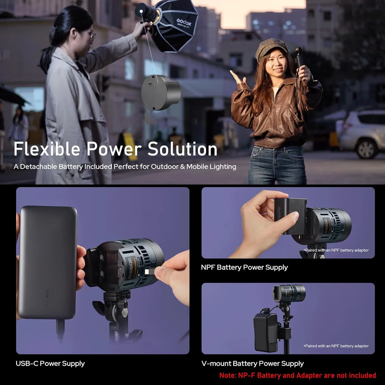 نور ویدئویی ال ای دی دو رنگ Godox RS60Bi، با CCT 2800-6500K، دارای 11 جلوه نوری، HSI و CRI بالا 97+ TLCI 98+، پشتیبانی از کنترل DMX/APP و راه حل های متعدد منبع تغذیه