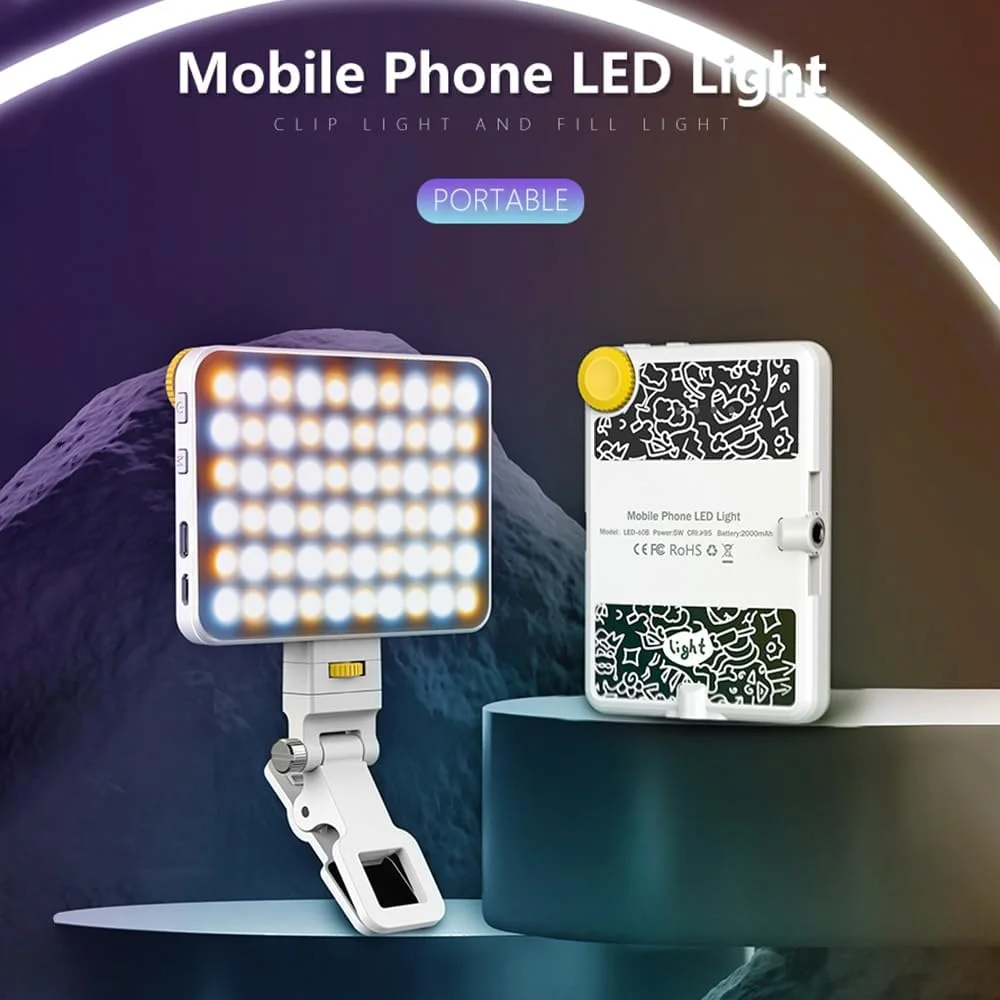 چراغ LED دو رنگ 5 واتی برای عکاسی، دمای رنگ 2500K-9000K با قابلیت تنظیم نور، دارای 60 لامپ LED، دارای سوراخ های رزوه ای 1/4 اینچی، باتری داخلی 2000mAh برای پخش زنده، ولاگ، استودیوی خانگی، نور جیبی