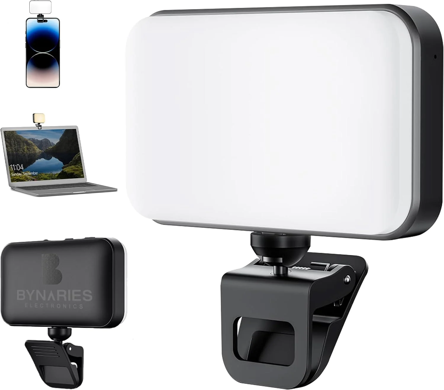 نور سلفی LED باینریز | دارای 66 LED، نور ویدئویی گیره ای با 3 حالت رنگی و 5 سطح روشنایی، قابل شارژ، نور سلفی قابل حمل برای آیفون، اندروید، لپ تاپ، زوم، آرایش و وبلاگ نویسی