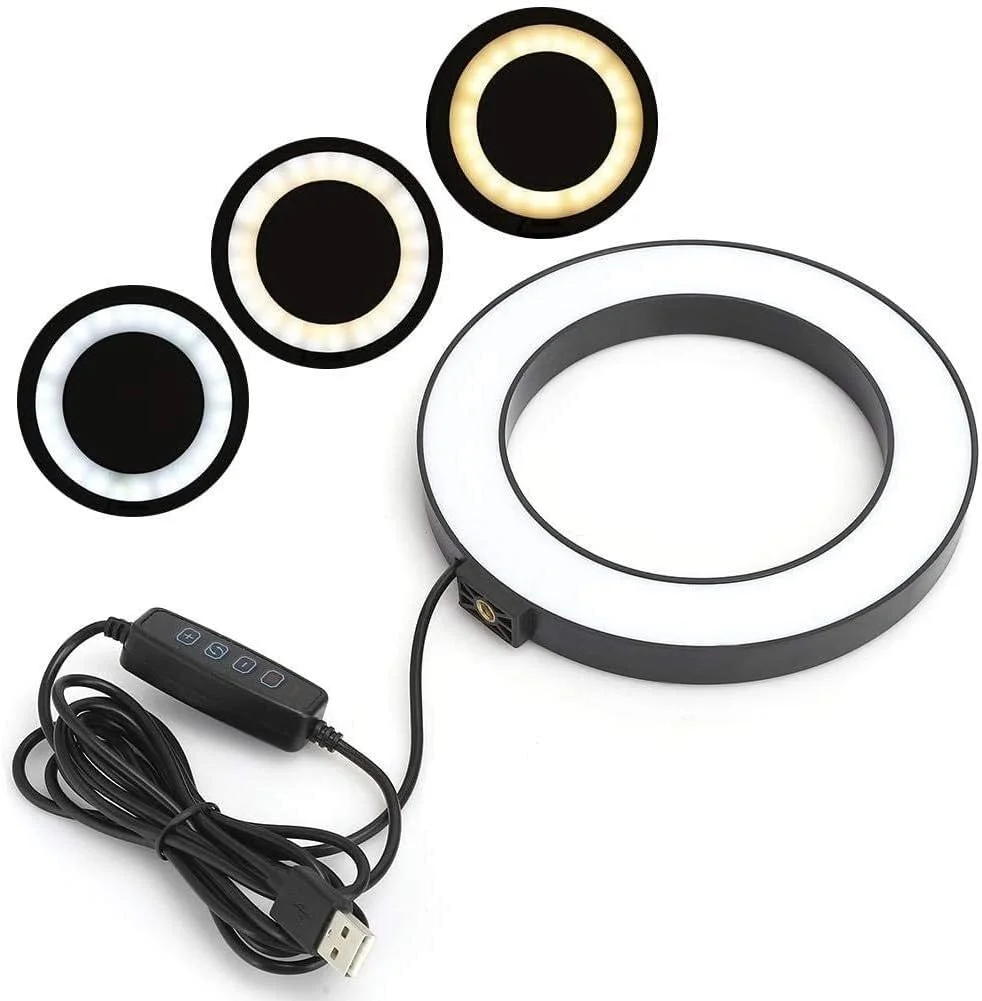 نور ال ای دی حلقه ای 16 سانتی متری برای دوربین، دارای 3 حالت نور قابل تنظیم، مناسب برای عکاسی سلفی، آرایش، ضبط ویدیو با تلفن همراه و پخش زنده