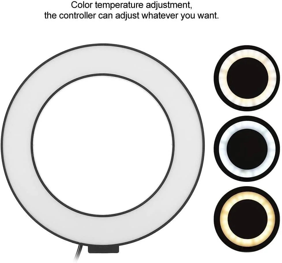 نور ال ای دی حلقه ای 16 سانتی متری برای دوربین، دارای 3 حالت نور قابل تنظیم، مناسب برای عکاسی سلفی، آرایش، ضبط ویدیو با تلفن همراه و پخش زنده