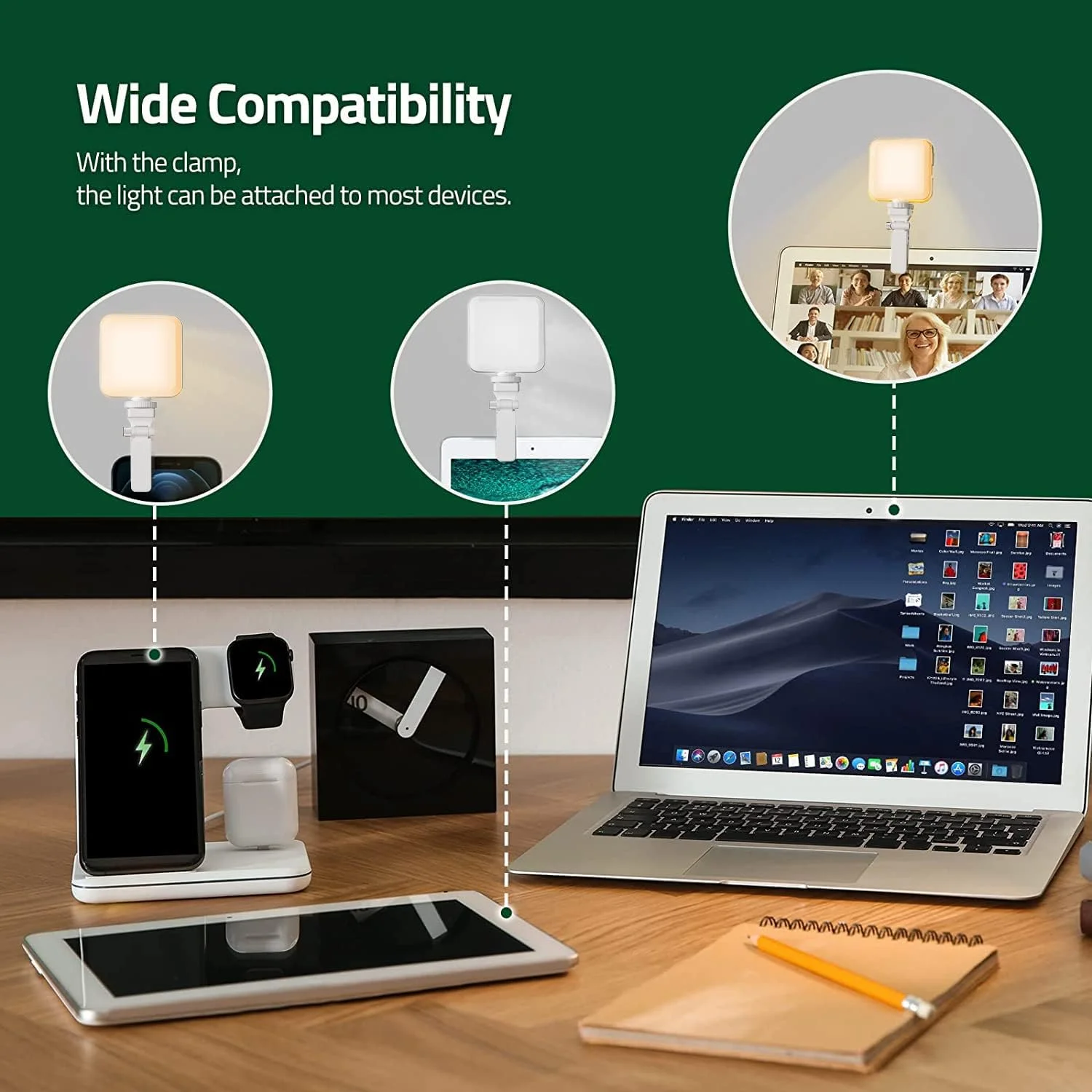 نور ویدئویی LED، نور کامپیوتر برای جلسات ویدئویی، 100 مهره LED با گیره، 3 کفشک سرد دیمر دار، نور کنفرانس ویدئویی قابل شارژ، سازگار با سه پایه سلفی استیک دوربین تلفن همراه (سفید)