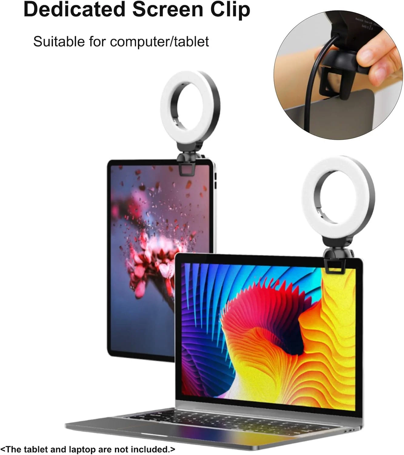 نور حلقه ای ال ای دی کوچک 4 اینچی گیره ای برای لپ تاپ، نورپردازی کنفرانس ویدیویی، 3 حالت نورپردازی 3200K-6500K، با قابلیت تنظیم نور، تغذیه از طریق USB برای پخش زنده، آموزش آنلاین و جلسات