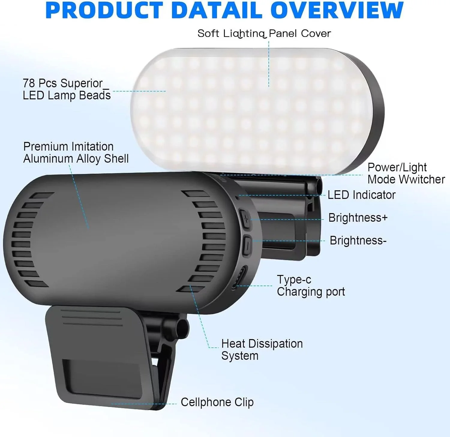 نور ویدیو، چراغ ال ای دی دوربین برای کنفرانس ویدیویی کامپیوتر، نور سلفی قابل حمل با توان بالا 3000 میلی آمپر قابل شارژ/CRI 95+/3 حالت نور/3 پایه برای تلفن، آیفون، زوم، عکس، آرایش (همراه با گیره)