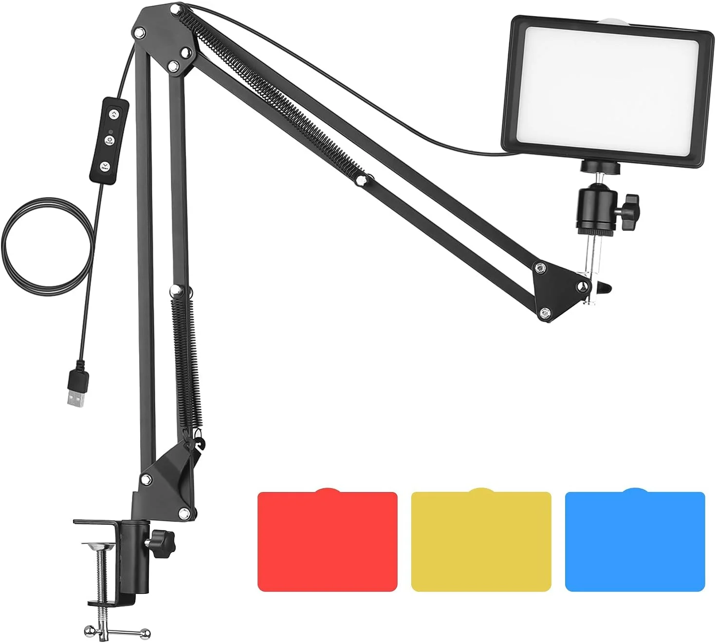 کیت نورپردازی کنفرانس ویدیویی USB با نور LED 5600K، پایه فلزی رومیزی دیمر پذیر، آداپتور سر توپی چرخان 360 درجه و فیلترهای رنگی برای جلوه های روشن، منبع تغذیه 5 ولت کیت نورپردازی کنفرانس ویدیویی USB با نور LED 5600K، پایه فلزی رومیزی دیمر پذیر، آداپتور سر توپی چرخان 360 درجه و فیلترهای رنگی برای جلوه های روشن، منبع تغذیه 5 ولت