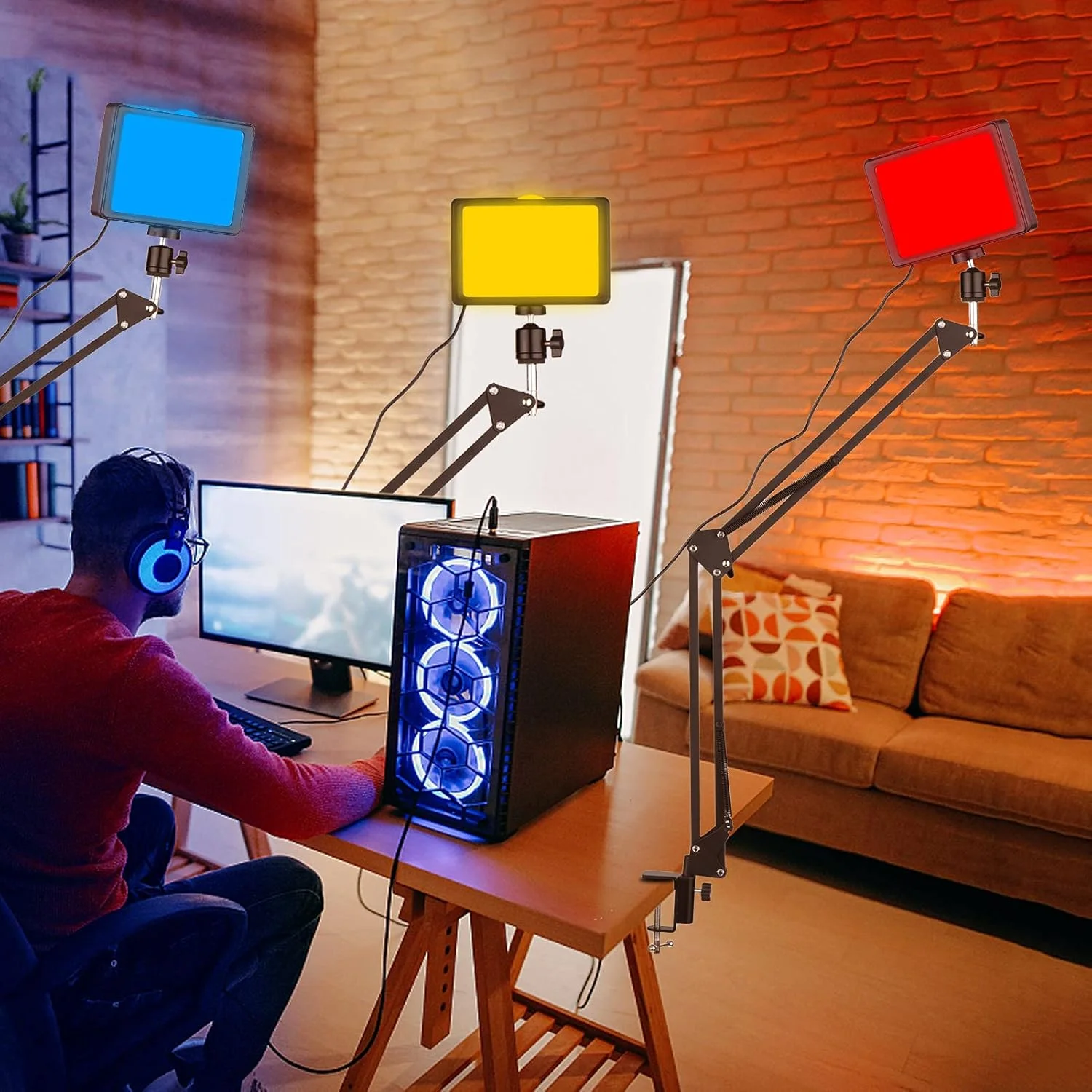 کیت نورپردازی کنفرانس ویدیویی USB با نور LED 5600K، پایه فلزی رومیزی دیمر پذیر، آداپتور سر توپی چرخان 360 درجه و فیلترهای رنگی برای جلوه های روشن، منبع تغذیه 5 ولت