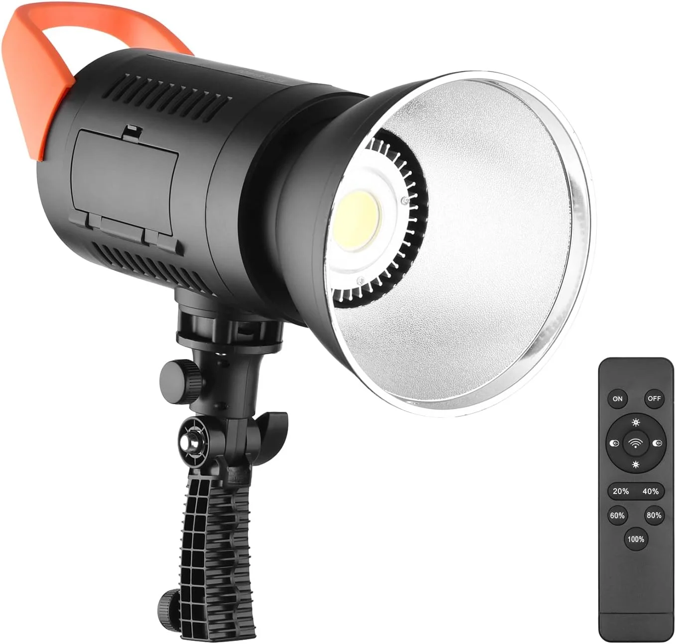 نور ویدئویی ال ای دی 100 وات 5600K دیمر پذیر استودیویی پیوسته با مانت بوئنز، رفلکتور، کنترل از راه دور برای عکاسی پرتره محصول، عروسی، پخش زنده، آداپتور AC، منبع تغذیه باتری