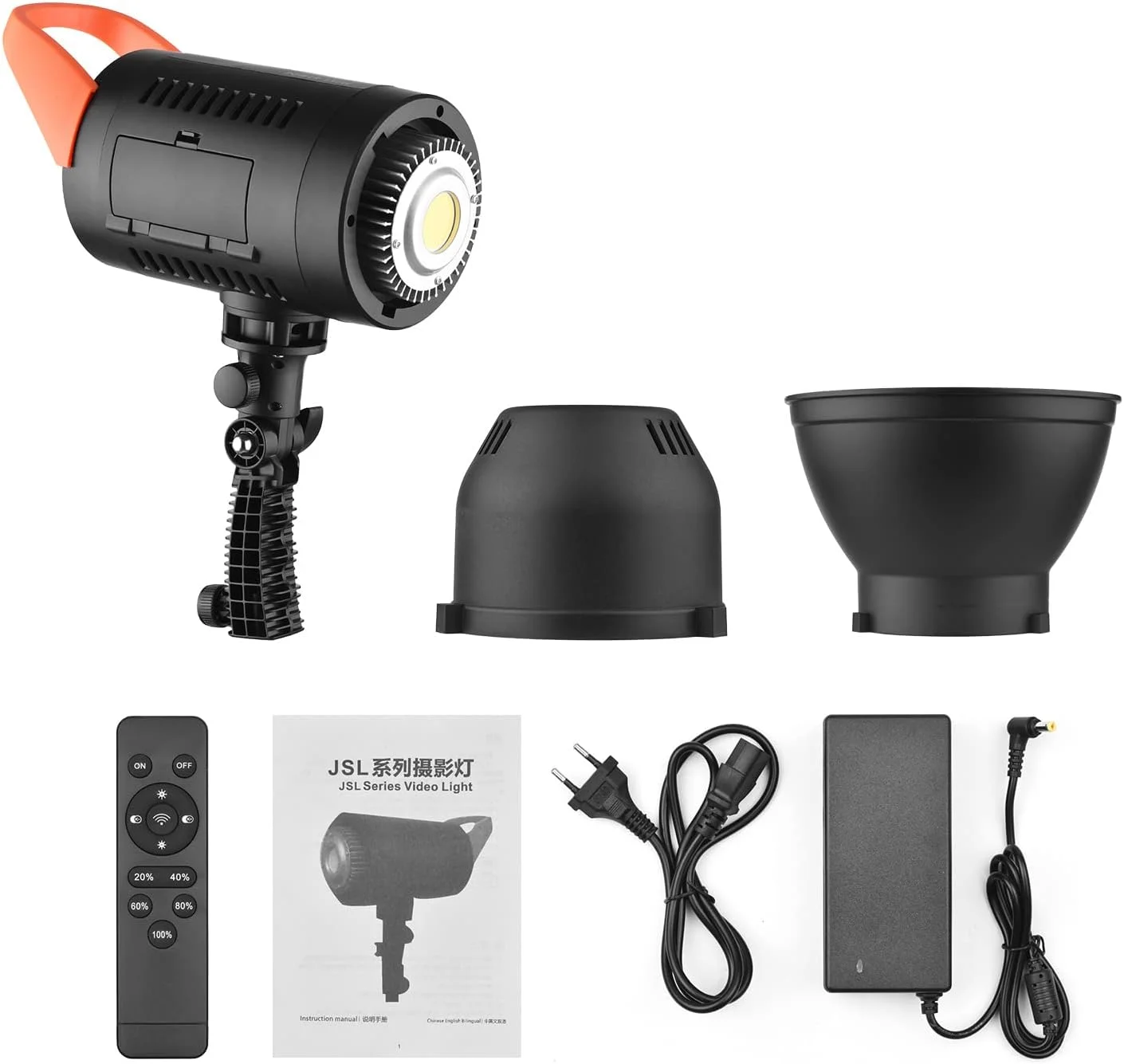 نور ویدئویی ال ای دی 100 وات 5600K دیمر پذیر استودیویی پیوسته با مانت بوئنز، رفلکتور، کنترل از راه دور برای عکاسی پرتره محصول، عروسی، پخش زنده، آداپتور AC، منبع تغذیه باتری