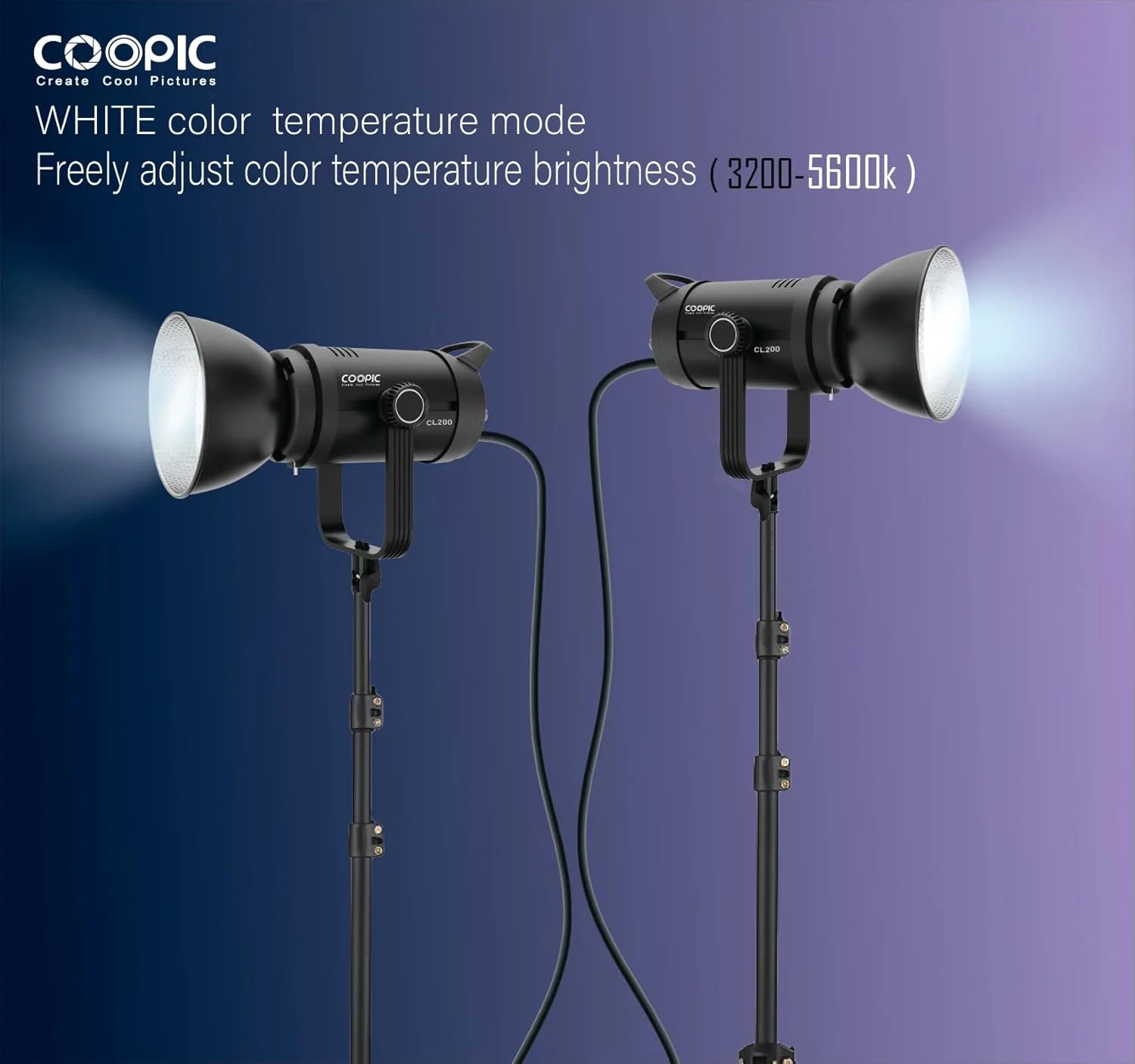 نور ویدئویی LED قابل تنظیم COOPIC CL-200 با توان 200 وات، کنترل از راه دور 2.4G، سفید از 3200k یا 5600k، CRI>97 TLCI>98، نور ویدئویی متعادل با نور روز برای ضبط ویدئو، عکاسی، فیلمبرداری در فضای باز و غیره