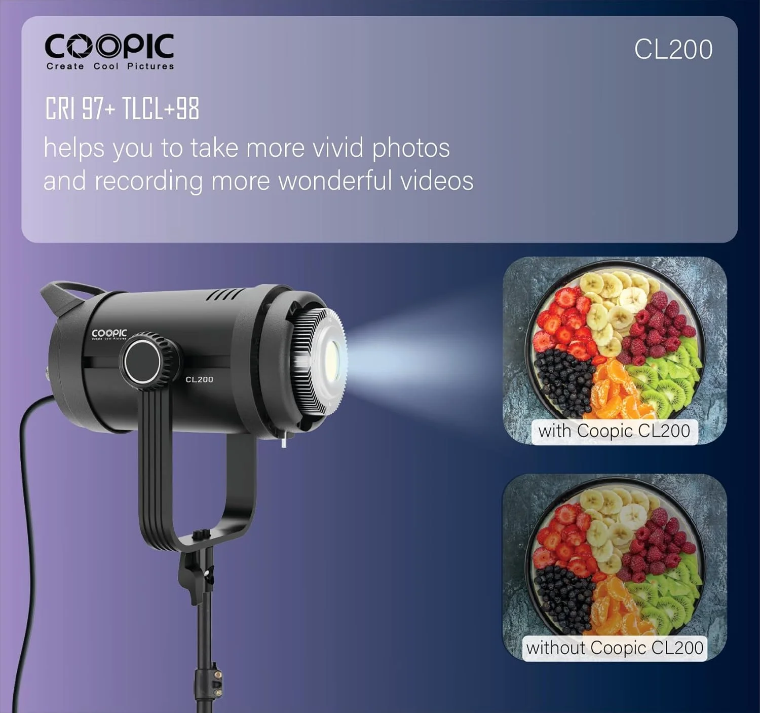 نور ویدئویی LED قابل تنظیم COOPIC CL-200 با توان 200 وات، کنترل از راه دور 2.4G، سفید از 3200k یا 5600k، CRI>97 TLCI>98، نور ویدئویی متعادل با نور روز برای ضبط ویدئو، عکاسی، فیلمبرداری در فضای باز و غیره