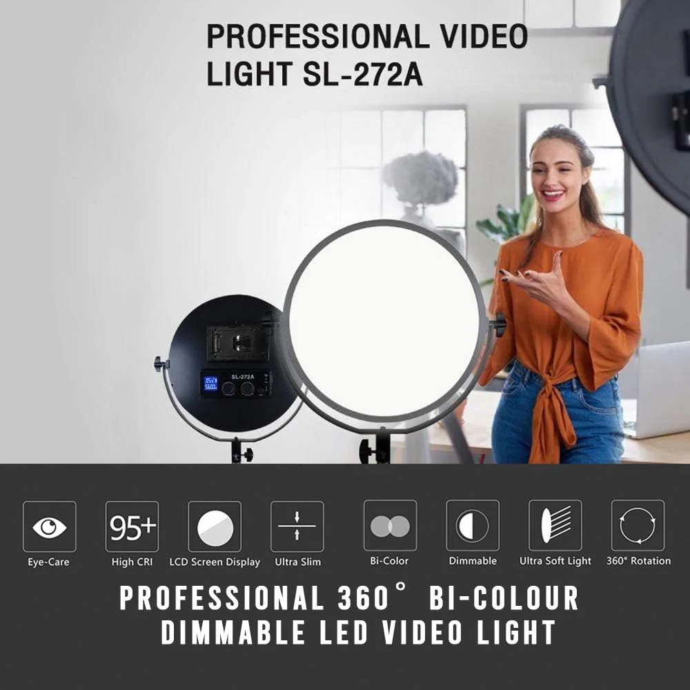 نور نرم لبه ای LED استودیویی بای کالر 3200K/5600K مدل SL-272A، 14 اینچی 36 سانتی متری، نوع ماه گرد، فوق العاده نازک، حرفه ای، CRI 95+، قابل تنظیم برای استودیو عکس و فیلم