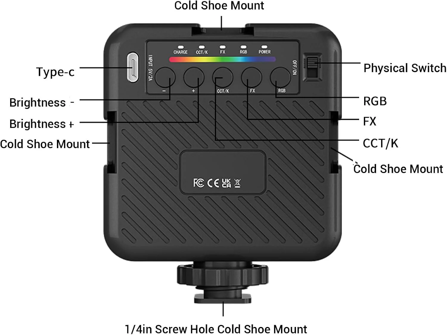 نور ال ای دی دوربین RGB با 8 سطح تنظیم روشنایی، CRI 95+ 3000-6500K برای فیلمبرداری تجاری ABS/مشکی (مشکی)