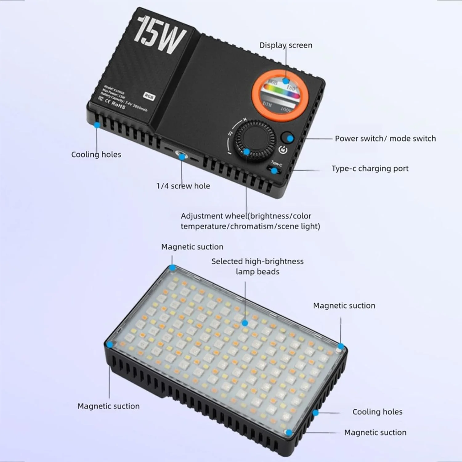 نور ویدئویی تمام رنگی RGB با 20 جلوه صحنه، باتری قابل شارژ 2600 میلی آمپر ساعتی، طراحی جمع و جور برای حمل در فضای باز و کنفرانس ویدیویی