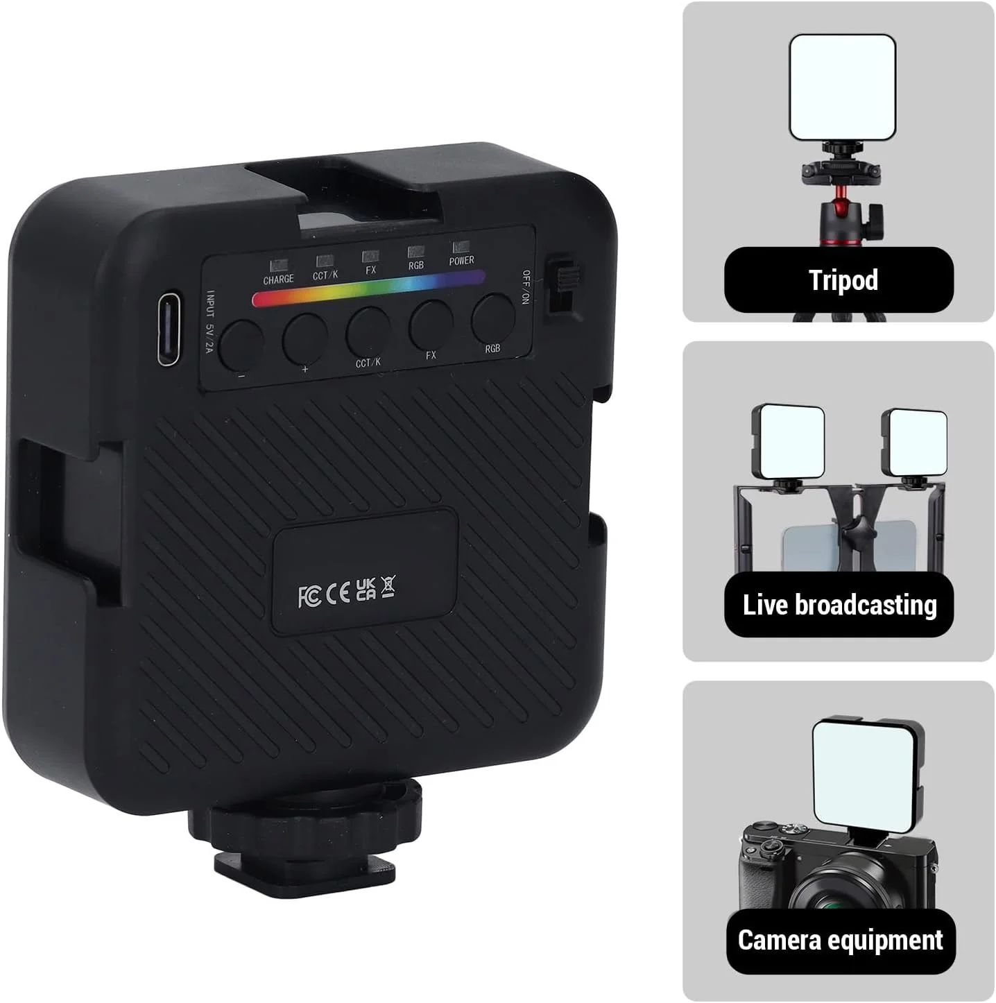 نور ال ای دی دوربین RGB با 8 سطح تنظیم روشنایی، CRI 95+ 3000-6500K برای فیلمبرداری تجاری ABS/مشکی (مشکی)