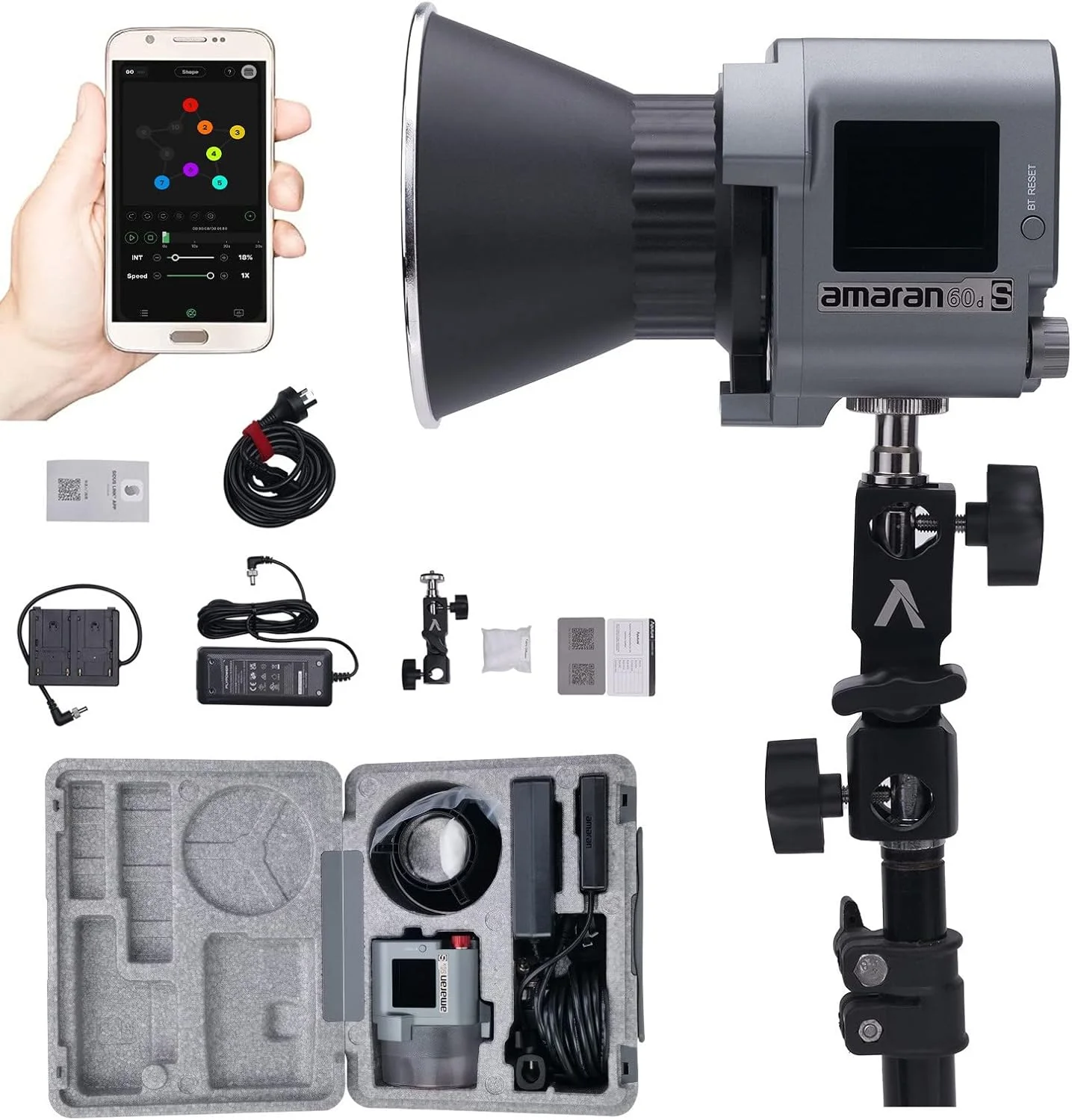 نور ویدئویی LED روز Amaran 60d S 60d-s 60ds 65w، CRI 96+ TLCI 99+، LED استودیویی با مانت بوئنز، کنترل برنامه بلوتوث، 8 جلوه نورپردازی داخلی برای پخش زنده و فیلمبرداری (ارتقاء 60d)