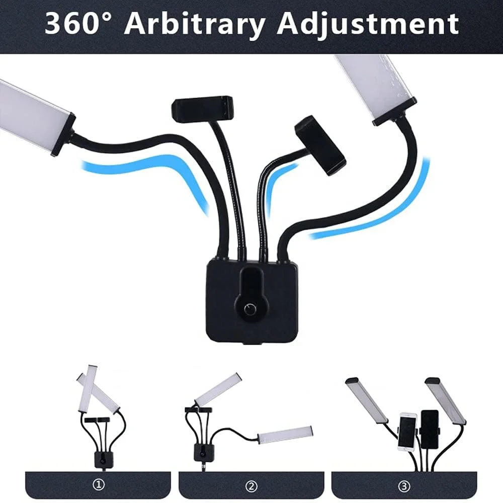 نور ویدئویی LED با بازوهای انعطاف پذیر، نور پرکننده عکاسی 3200K-5600K با قابلیت تنظیم نور به همراه 2 عدد نگهدارنده تلفن انعطاف پذیر + پایه نور فلزی 1.6 متری برای پخش زنده، ولاگ، پرتره عروسی و محصول