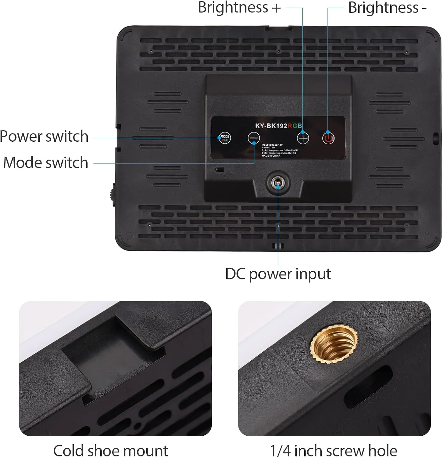 نور ویدئویی RGB 38 واتی با پایه گیره C، دمای دو رنگ 3200-5500K، روشنایی قابل تنظیم، CRI 95، سر توپی، کنترل از راه دور برای بازی، ضبط ویدئو، کنفرانس ویدئویی، پخش زنده