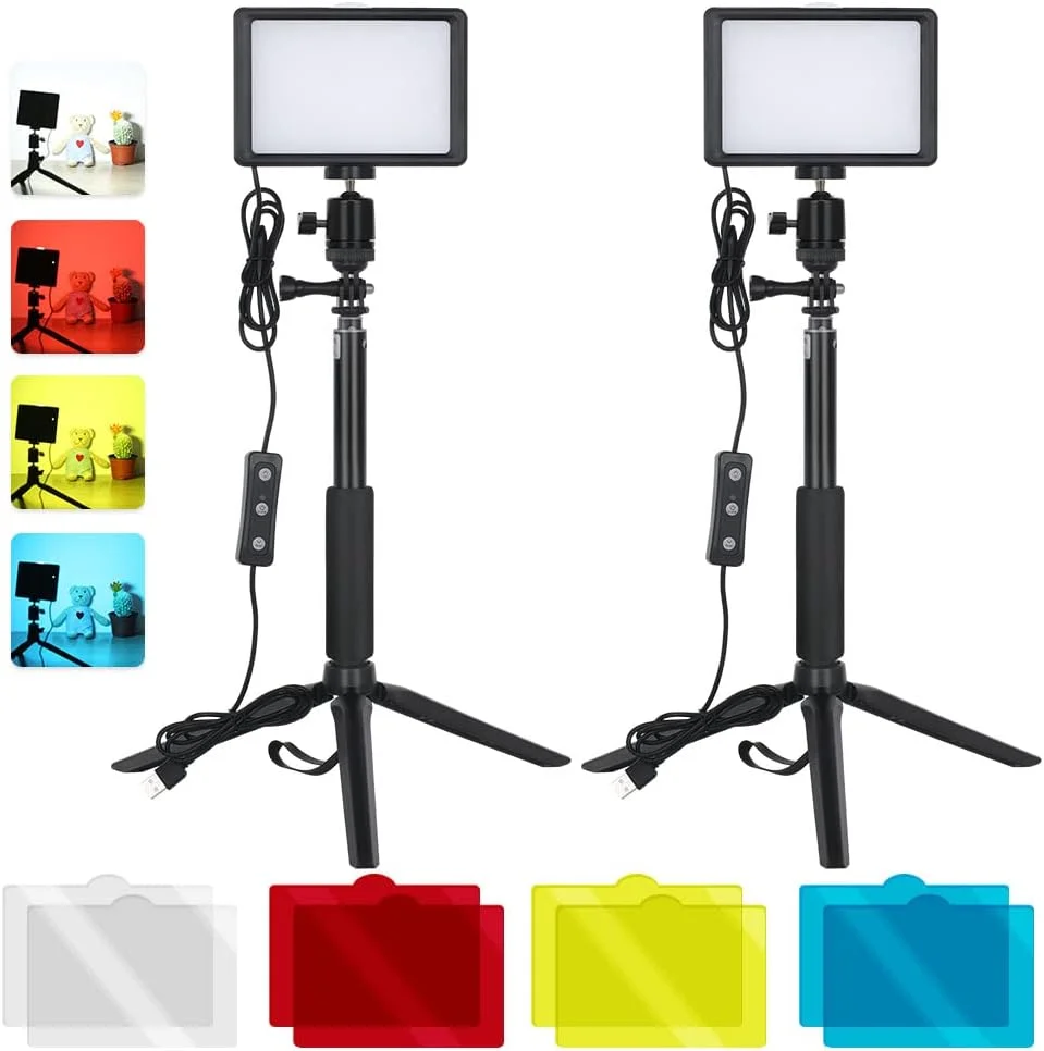 کیت نور ویدئویی LED USB رومیزی 2 عددی با نور پرکننده دیمر دار 5600K، سه پایه قابل افزایش، سر توپی انعطاف پذیر، فیلترهای رنگی برای نورپردازی کنفرانس