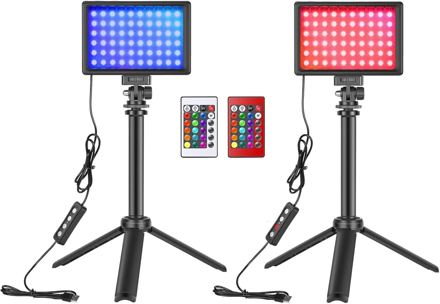 دو عدد چراغ ویدئویی LED RGB با نور پرکننده، با قابلیت تنظیم نور، تغذیه از طریق USB، به همراه سه پایه رومیزی، سر نصب و کنترل از راه دور برای کنفرانس، پخش زنده و آموزش آنلاین