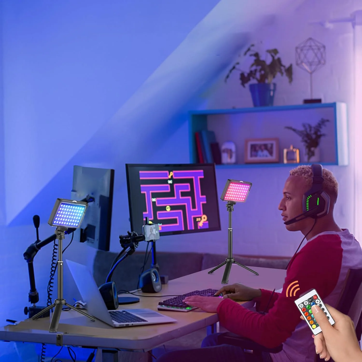 دو عدد چراغ ویدئویی LED RGB با نور پرکننده، با قابلیت تنظیم نور، تغذیه از طریق USB، به همراه سه پایه رومیزی، سر نصب و کنترل از راه دور برای کنفرانس، پخش زنده و آموزش آنلاین