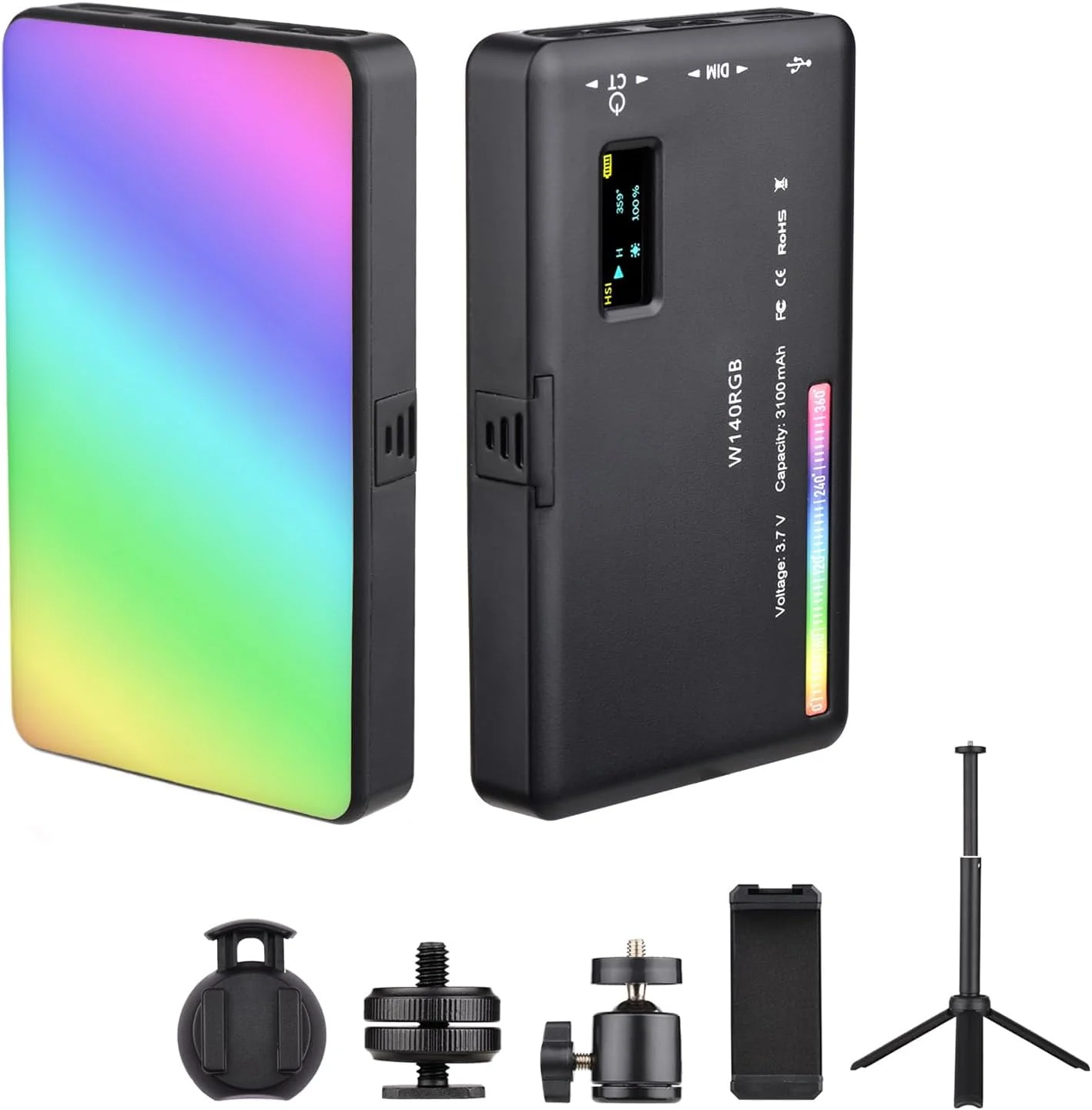 کیت نور ویدئویی ال ای دی RGB مدل W140 با CRI95، دمای رنگی 2500K تا 9000K، قابلیت تنظیم نور، 20 جلوه نوری به همراه سه پایه رومیزی، هد توپی، نگهدارنده تلفن، گیره کامپیوتر و آداپتور کفشک سرد برای کنفرانس، پخش زنده و ولاگ موبایل