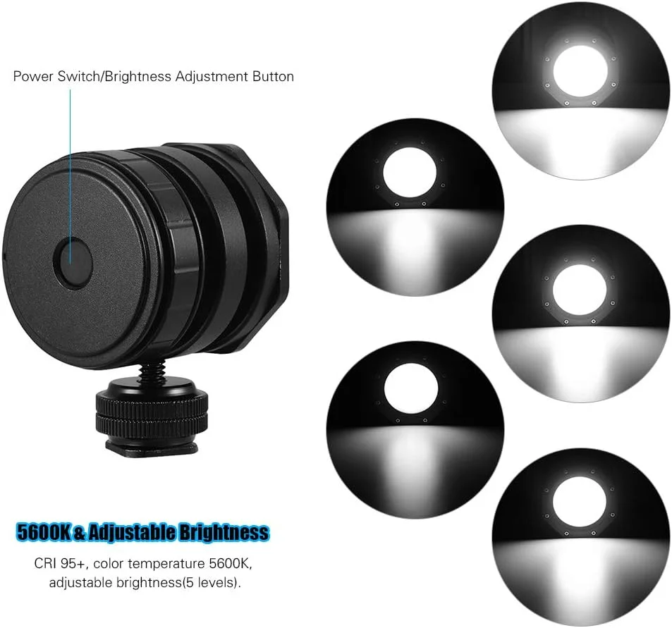 چراغ LED ضد آب قابل تنظیم نور برای فیلمبرداری و غواصی، دمای رنگ 5600K، CRI 95، زاویه تابش گسترده 120 درجه، همراه با پایه اتصال کفشک و شارژ USB مناسب برای دوربین های عکاسی