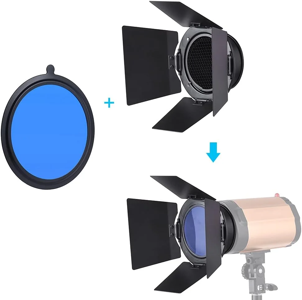 درب انبار Domary، درب فلزی انبار با پایه جهانی 96 میلی‌متری به همراه شبکه لانه زنبوری و 4 فیلتر ژل رنگی برای نور فلاش استودیویی Neewer 180W 250W 300W MD-250 MD-300