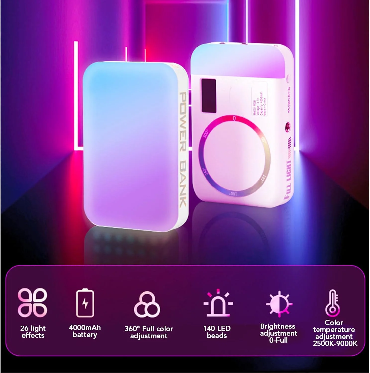 نور دو طرفه RGB تیک تاک با 140 ال ای دی، نور سلفی مغناطیسی قابل حمل 2500-9000K، باتری 4000 میلی آمپر ساعتی با رنگ کامل و 26 افکت برای عکاسی/ولاگ نویسی پخش زنده