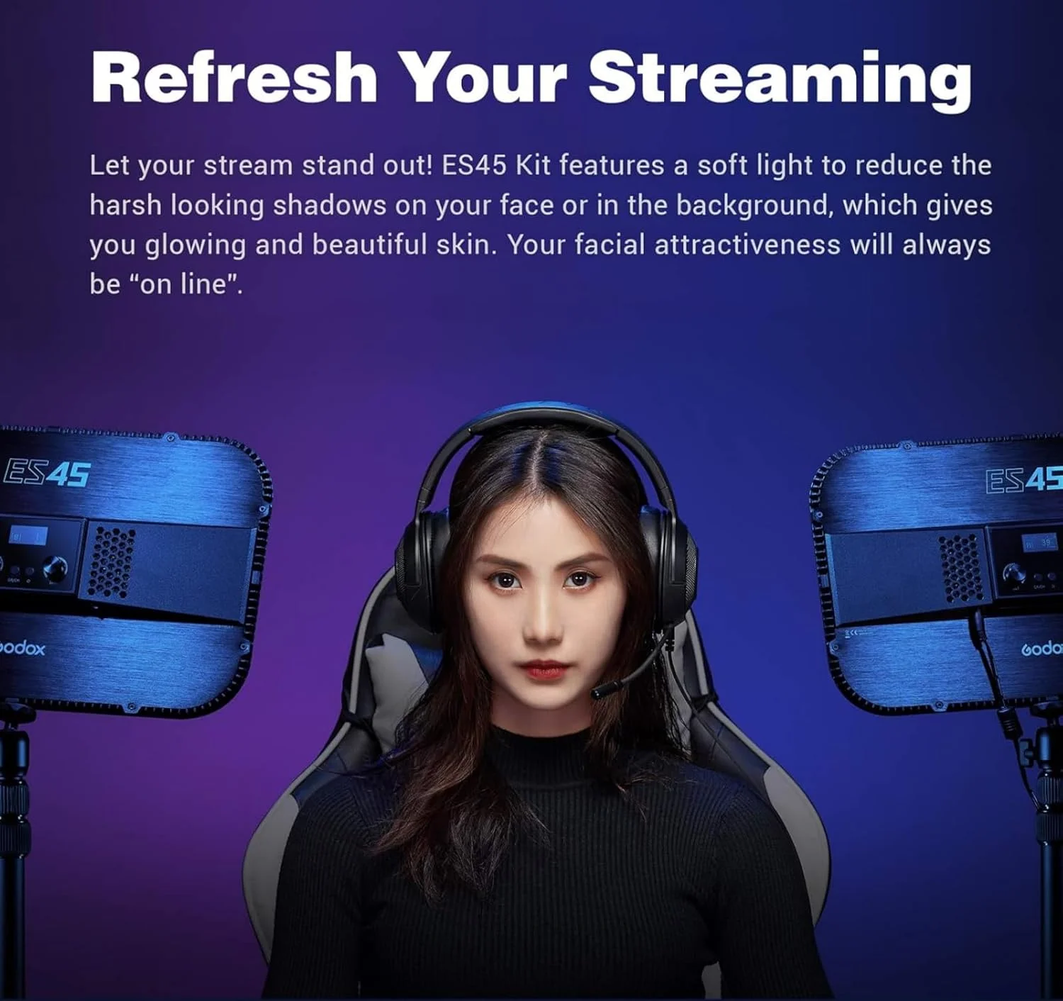 نور اصلی گودکس ES45، چراغ ویدئویی LED با پایه رومیزی قابل افزایش، تنظیم روشنایی 0-100٪ و دمای رنگ 2800-6500k، کنترل از طریق برنامه/کنترل از راه دور، پنل نور ملایم برای استریم، تماس های زوم، یوتیوب