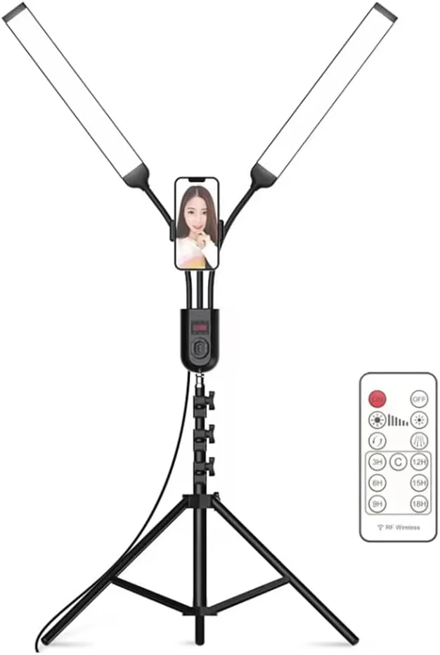 نور ویدئویی LED انعطاف پذیر Fawoonu با 2 بازو، نور پرکننده عکاسی 3000K4000K6000K دو رنگ، تایمر قابل تنظیم با نگهدارنده تلفن، پایه نور فلزی 1.6 متری، کنترل از راه دور برای پخش زنده، پرتره عروسی