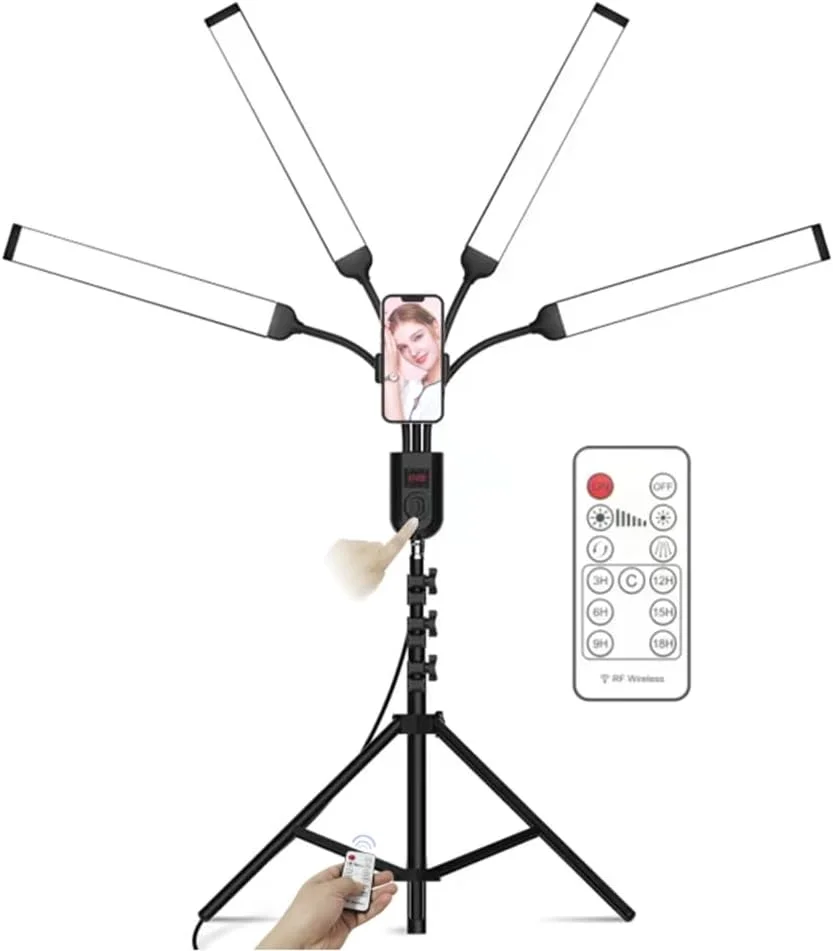 نور ویدئویی LED انعطاف پذیر Fawoonu با 4 بازو، نور پرکننده عکاسی 3000K4000K6000K دو رنگ با قابلیت تنظیم نور، تایمر و نگهدارنده تلفن، پایه نور فلزی 1.6 متری، کنترل از راه دور برای پخش زنده، پرتره عروسی